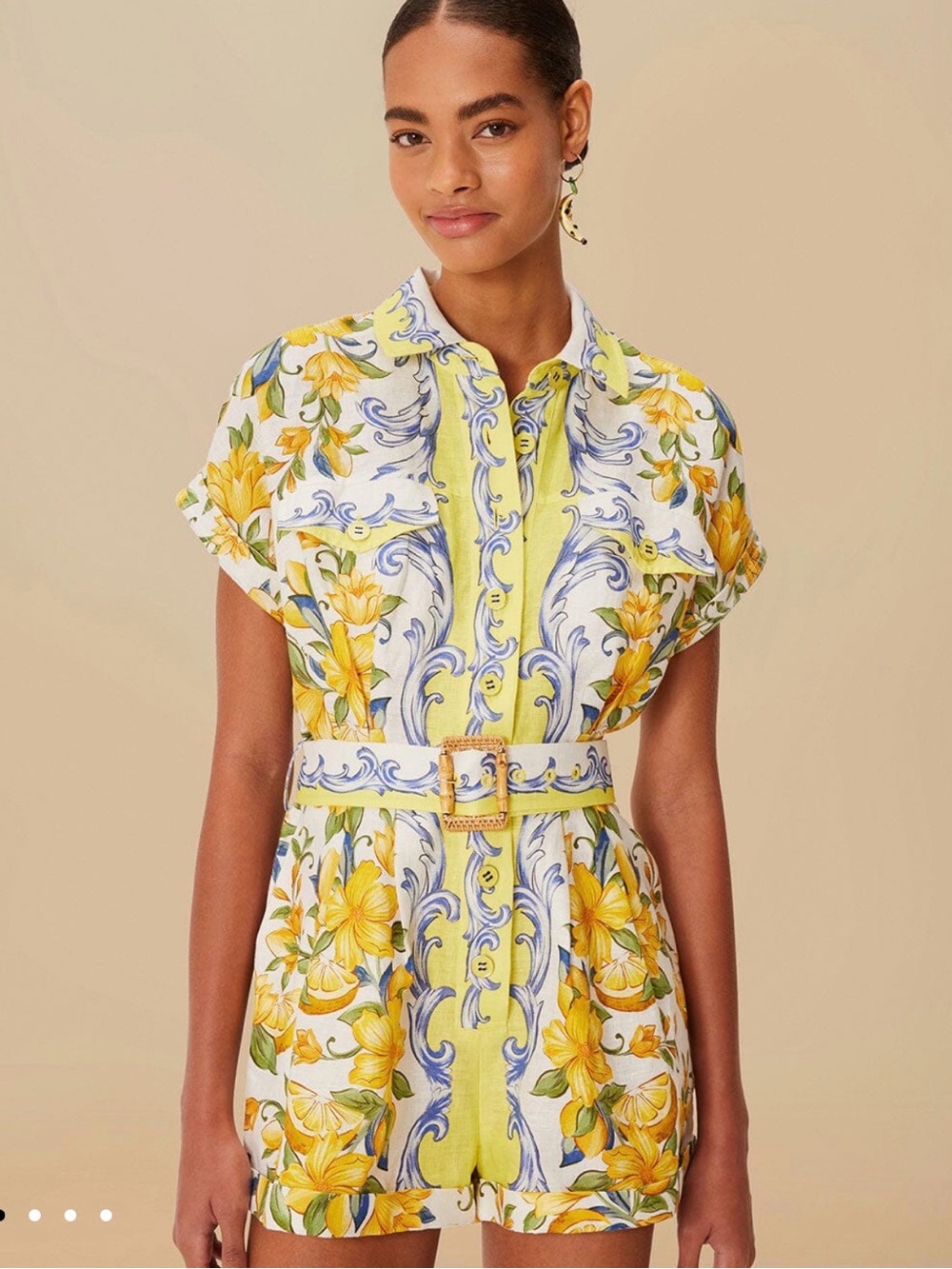 Farm Rio Yellow Floral Belted Shirt romper size M